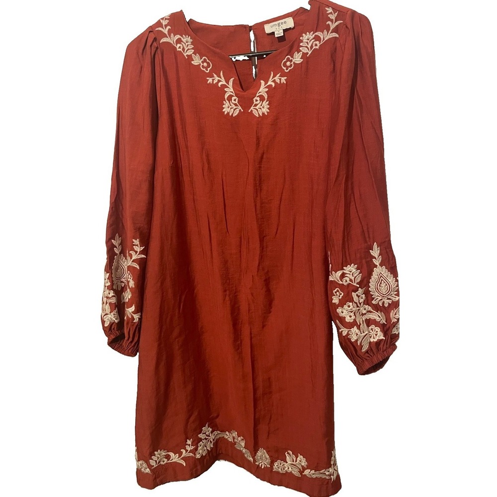Umgee USA Embroidered Boho Shift Dress Small Rust Terracotta‎ Long Sleeve Floral - Picture 2 of 9